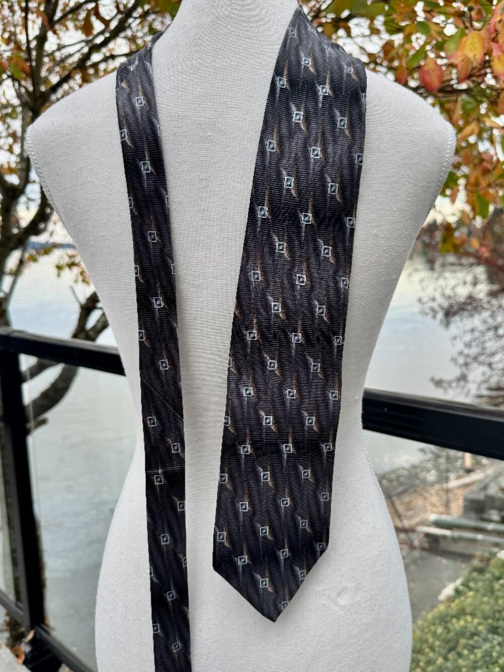 Vintage Christian Dior Grey Navy Blue and Tan Geometric 100% Silk Tie